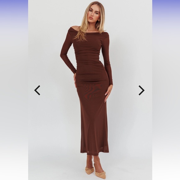 In Blooms Off Shoulder Mesh Maxi Dress Chocolate - Picture 1 of 3
